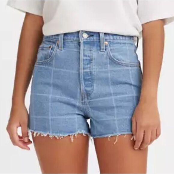 Levi's Pants - Levi’s Premium Ribcage Shorts Sz 29 Jive Windowpane High Rise Raw Hem Denim Blue